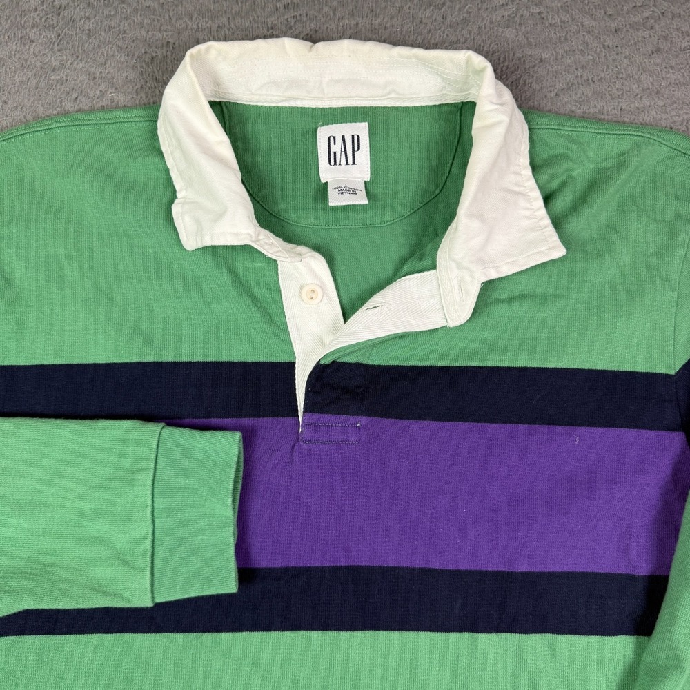 Gap Rugby Polo Shirt Mens Large Green Purple Striped Long Sleeve Y2K